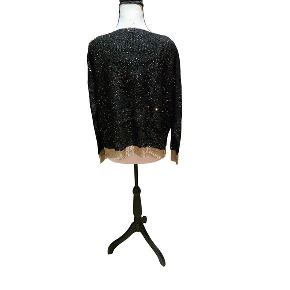 LTX Elegant Black Gold Trim Sweater Sparkling Metallic Knit Holiday Party S/M - Picture 5 of 6